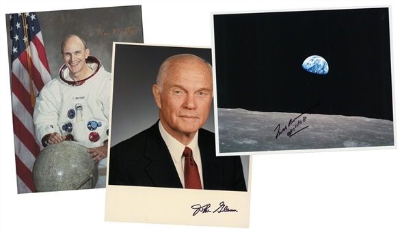 Lot of (3) Signed Astronaut Photographs Featuring an 8 x 10 Ken Mattingly, Frank Borman Inscribed “Apollo 8” & “Earthrise” and John Glenn 8 x 10 (Beckett)